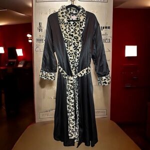 CABERNET Luxury Black Satin Plush Leopard Print Lining Robe Duster L
